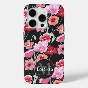 Red Coral Pink Black Waterverf Flowers Monogram iPhone 15 Pro Case
