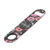 Red Coral Pink Black Waterverf Flowers Monogram Speed Flessenopener (Voorkant Gekanteld)