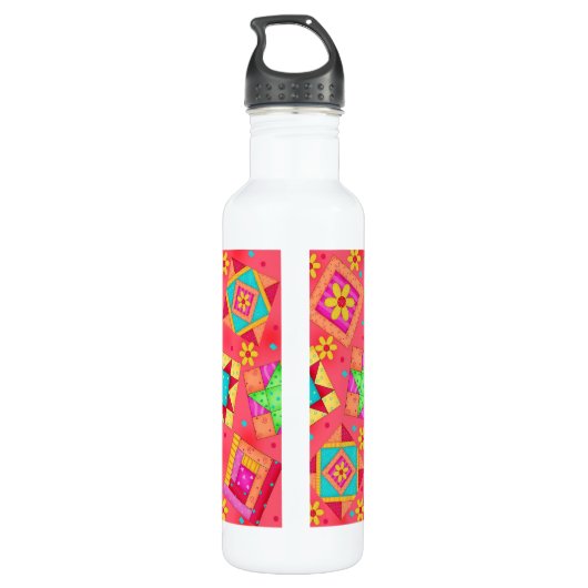 Red Coral Quilt Block Art Waterfles (Achterkant)