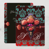 RED CORAL ROZEN, BLAUWGROEN BLAUWE DAMASKMONOGRAM KAART (Voorkant / Achterkant)