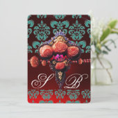 RED CORAL ROZEN, BLAUWGROEN BLAUWE DAMASKMONOGRAM KAART (Staand voorkant)