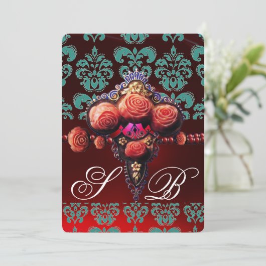 RED CORAL ROZEN, BLAUWGROEN BLAUWE DAMASKMONOGRAM KAART (Staand voorkant)