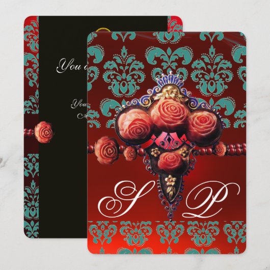 RED CORAL ROZEN, BLAUWGROEN BLAUWE DAMASKMONOGRAM KAART (Voorkant / Achterkant)