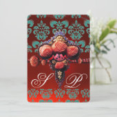 RED CORAL ROZEN, BLAUWGROEN BLAUWE DAMASKMONOGRAM KAART (Staand voorkant)