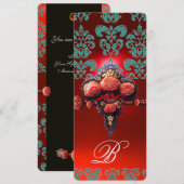 RED CORAL ROZEN, BLAUWGROEN BLAUWE DAMASKMONOGRAM KAART (Voorkant / Achterkant)