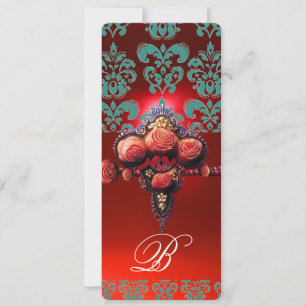 RED CORAL ROZEN, BLAUWGROEN BLAUWE DAMASKMONOGRAM KAART