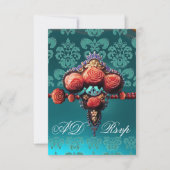 RED CORAL ROZEN, BLUE BLACK DAMASK MONOGRAM RSVP (Voorkant)