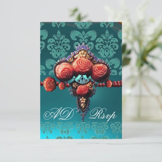 RED CORAL ROZEN, BLUE BLACK DAMASK MONOGRAM RSVP (Staand voorkant)