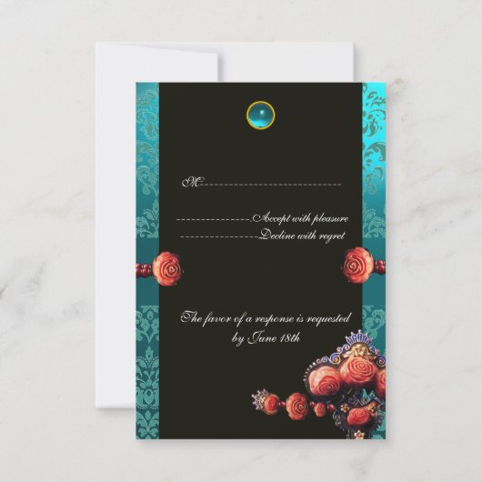RED CORAL ROZEN, BLUE BLACK DAMASK MONOGRAM RSVP (Achterkant)