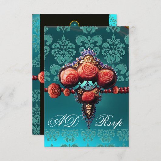 RED CORAL ROZEN, BLUE BLACK DAMASK MONOGRAM RSVP (Voorkant / Achterkant)