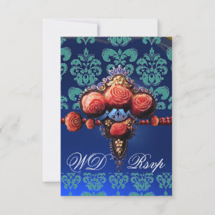 RED CORAL ROZEN, BLUE BLACK DAMASK MONOGRAM RSVP
