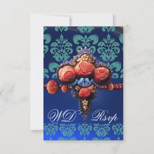 RED CORAL ROZEN, BLUE BLACK DAMASK MONOGRAM RSVP (Voorkant)