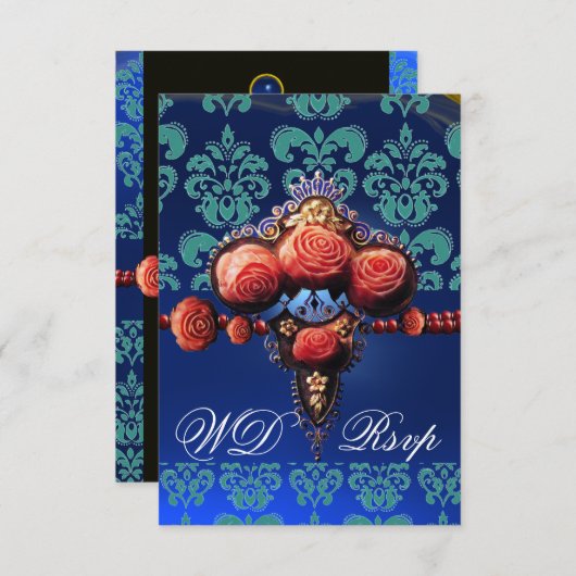 RED CORAL ROZEN, BLUE BLACK DAMASK MONOGRAM RSVP (Voorkant / Achterkant)
