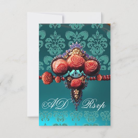 RED CORAL ROZEN, BLUE BLACK DAMASK MONOGRAM RSVP KAARTJE (Voorkant)