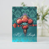 RED CORAL ROZEN, BLUE BLACK DAMASK MONOGRAM RSVP KAARTJE (Staand voorkant)