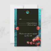 RED CORAL ROZEN, BLUE BLACK DAMASK MONOGRAM RSVP KAARTJE (Achterkant)