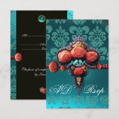 RED CORAL ROZEN, BLUE BLACK DAMASK MONOGRAM RSVP KAARTJE (Voorkant / Achterkant)