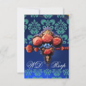 RED CORAL ROZEN, BLUE BLACK DAMASK MONOGRAM RSVP KAARTJE (Voorkant)