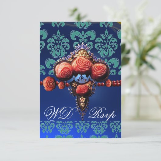 RED CORAL ROZEN, BLUE BLACK DAMASK MONOGRAM RSVP KAARTJE (Staand voorkant)