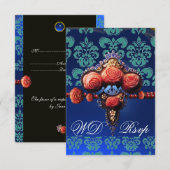 RED CORAL ROZEN, BLUE BLACK DAMASK MONOGRAM RSVP KAARTJE (Voorkant / Achterkant)
