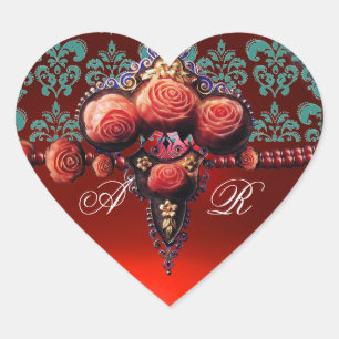 RED CORAL ROZEN, RUBY DAMASK HEART MONOGRAM HART STICKER