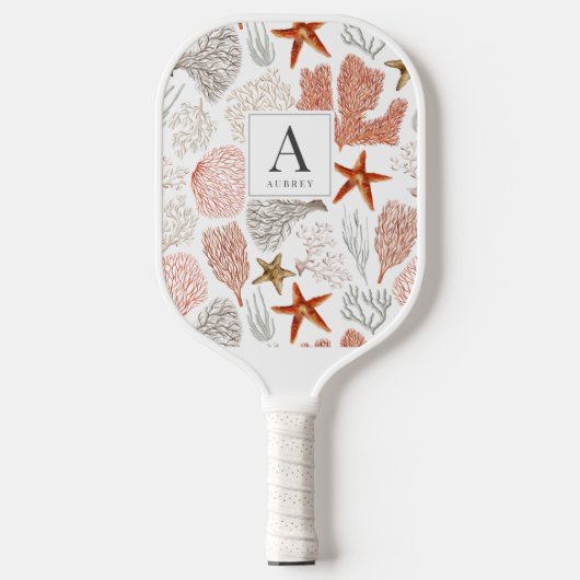 Red Coral & Starfish Patroon Wit Pickleball Paddle (Voorkant)