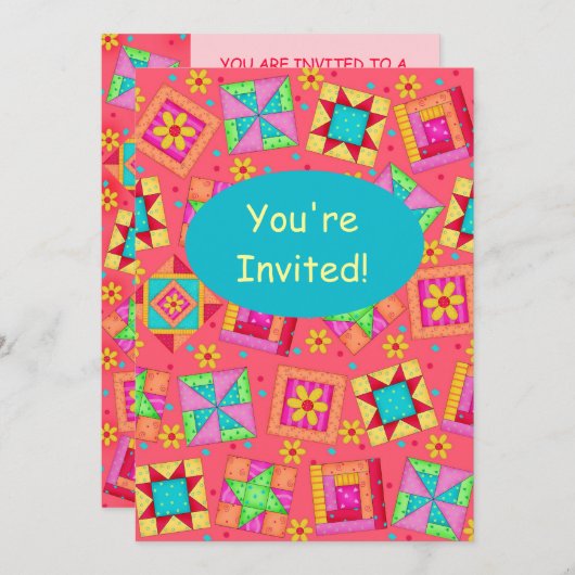 Red Coral Turquoise Patchwork Quilt Block Art Kaart (Voorkant / Achterkant)