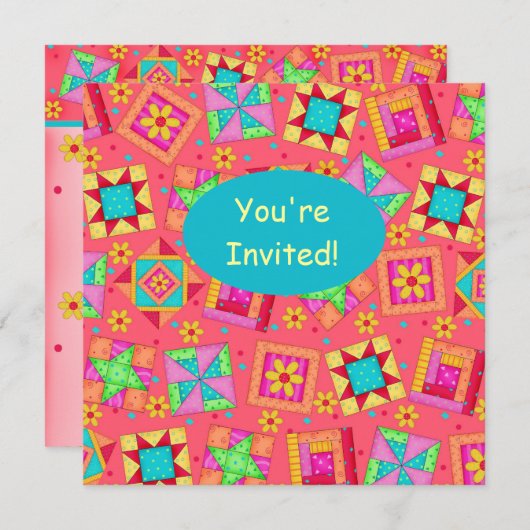 Red Coral Turquoise Patchwork Quilt Block Art Kaart (Voorkant / Achterkant)