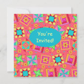Red Coral Turquoise Patchwork Quilt Block Art Kaart (Voorkant)