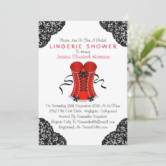 Red corset en Black Lace Lingerie Shower Kaart (Staand voorkant)