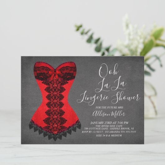 Red Corset Lingerie Bruids Douche Uitnodiging (Staand voorkant)