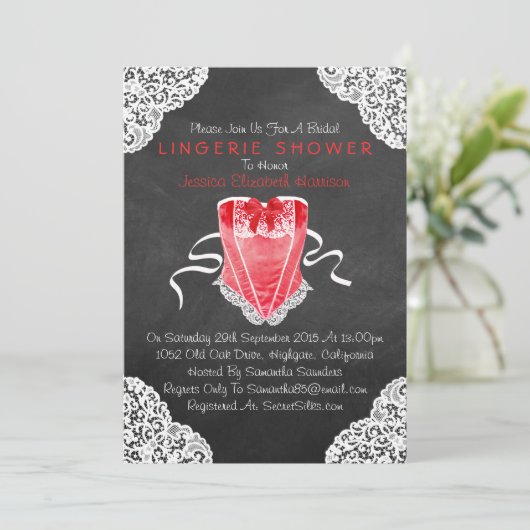 Red Corset White Lace Chalkboard Lingerie Shower Kaart (Staand voorkant)