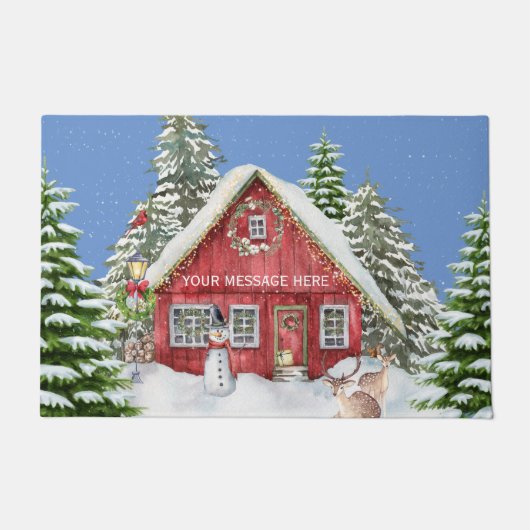 Red Country House Sneeuw Vakantie Scène Deurmat (Voorkant)
