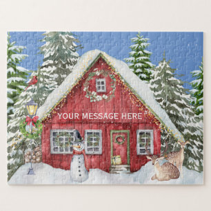 Red Country House Sneeuw Vakantie Scène Gepersonal Legpuzzel