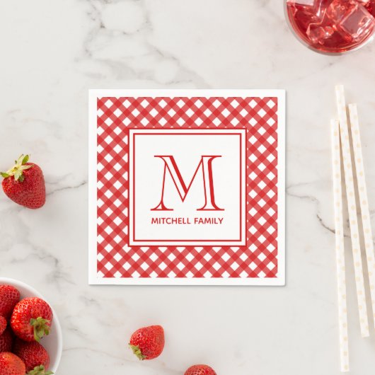 Red Country Style Gingham Pattern Monogramed Servet (Insitu)