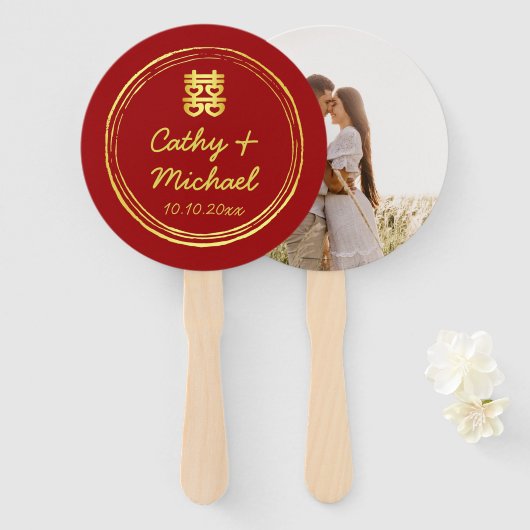 Red Couple foto Chinese bruiloft dubbel geluk Handwaaier (Voorkant en achterkant)