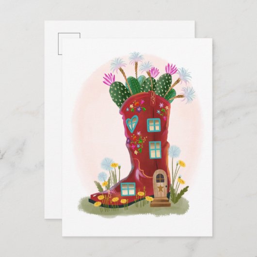 Red Cowboy Boot en Cactus Briefkaart (Voorkant / Achterkant)