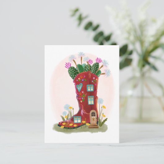 Red Cowboy Boot en Cactus Briefkaart (Staand voorkant)
