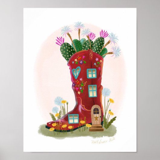Red Cowboy Boot en Cactus House Art Print (Voorkant)
