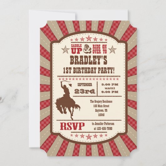 Red Cowboy Rodeo Birthday Party Invitation Kaart (Voorkant)