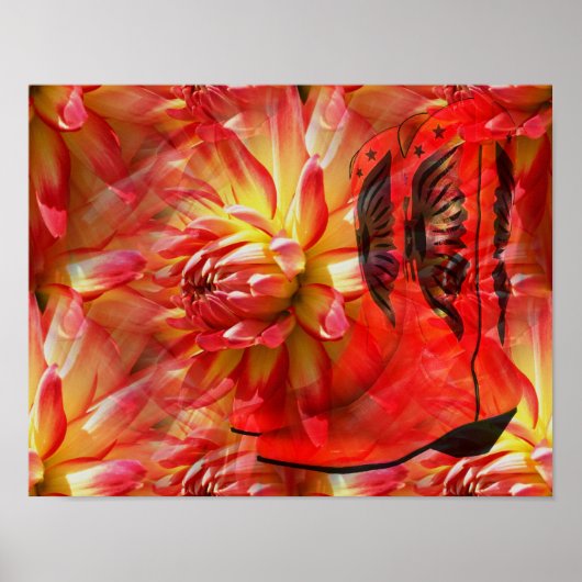 Red Cowgirl Boots Dahlia Flower Fantasy Art Poster (Voorkant)