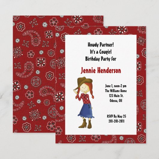 Red Cowgirl Uitnodiging (Voorkant / Achterkant)