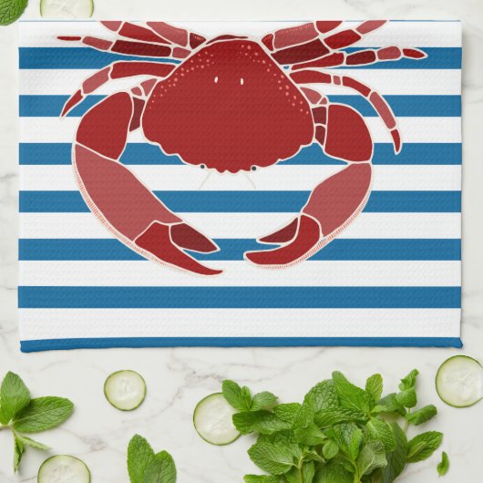 Red Crab Blue en White Stripe Kitchen Towel Theedoek (Gevouwen)