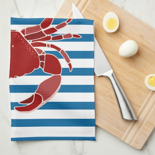Red Crab Blue en White Stripe Kitchen Towel Theedoek (Quarter Fold)