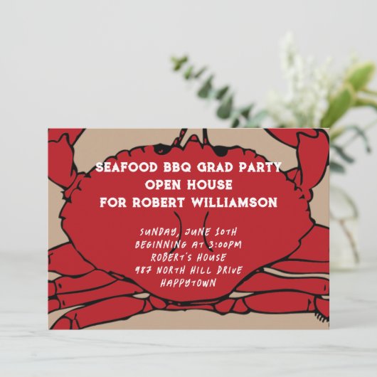 Red Crab Boil BBQ Afstuderen Uitnodiging (Staand voorkant)