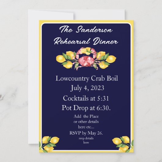 Red Crab Boil Invitation White Navy Blue Yellow Kaart (Voorkant)