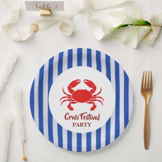 Red Crab Seafood Nautisch Blauw Marine Stripes Par Papieren Bordje (Huwelijk)