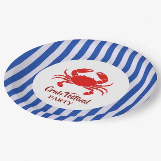 Red Crab Seafood Nautisch Blauw Marine Stripes Par Papieren Bordje (Gekanteld)
