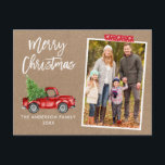 Red Craft Tape Truck Script Kraft met kerstmis Briefkaart<br><div class="desc">Moderne Waterverf  rood vrachtwagen voor penseel  met kerstboom Vrolijk kerstfeest Foto Briefkaart - Robuust Kraft Paper,  Snowflake Red Craft Tape</div>