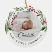 Red Cranberry Foliage Baby's eerste kerstfoto Keramisch Ornament (Voorkant)